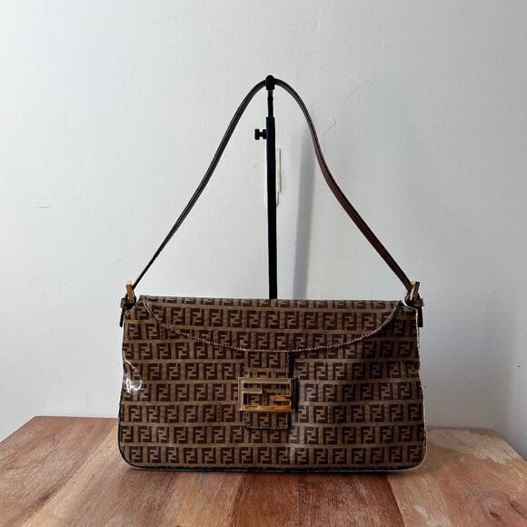 Fendi Zucchino Vinyl Double Flap Accordion Baguette Brown - Picture 1 of 15